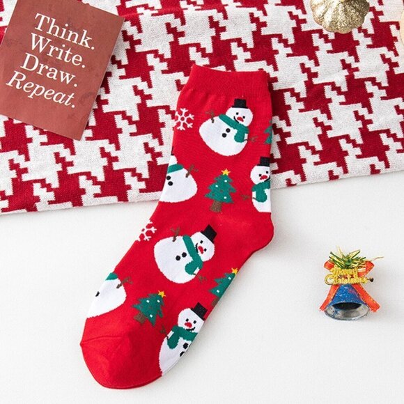 Christmas Snowman Themed Women's Nylon Cotton Jacquard Crew Socks, Red - Picture 1 of 2